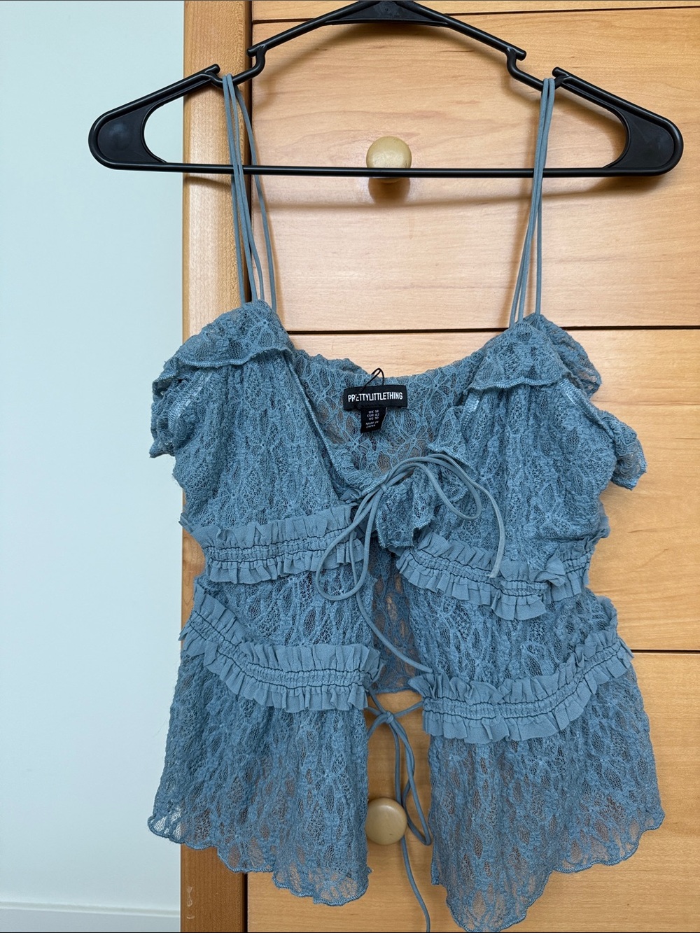 PrettyLittleThing Dusty Blue Lace Sheer Ruffle Tie-Front Cami Going Out Top